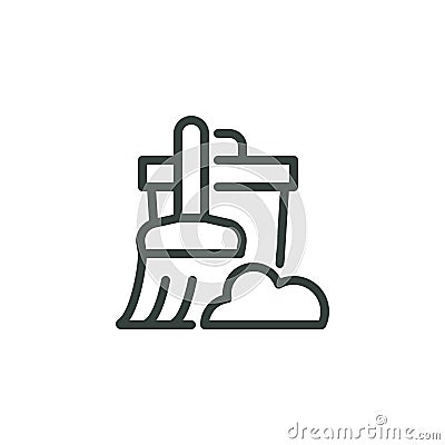 Thin Outline Icon Broom, Besom Near a Pile of Garbage and Trash Can, Rubbish Bin. Such Line sign as Cleaning Garbage Vector Illustration