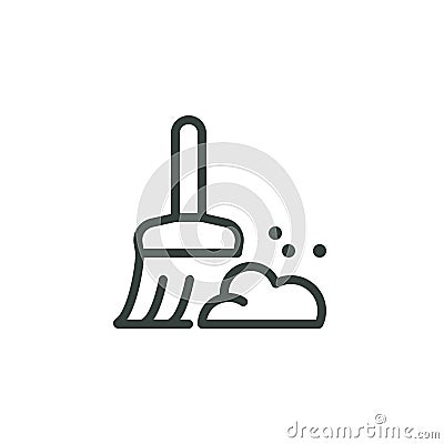 Thin Outline Icon Broom, Besom or Short Brush of Bound Straw Near a Pile of Garbage. Such Line sign as Cleaning Garbage Vector Illustration