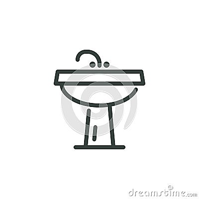 Thin Outline Icon Sink Unit With Tap Washbasin, Basin Washstand. Such Line Sign as Plumbing Sanitary Engineering. Vector Stock Photo