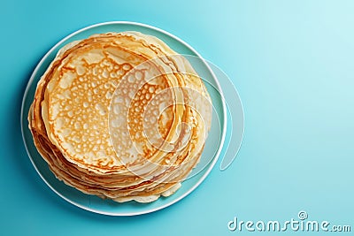 Thin pancakes or russian blini on blue background. Generative AI Stock Photo