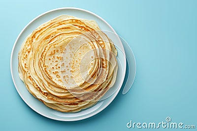 Thin pancakes or russian blini on blue background. Generative AI Stock Photo