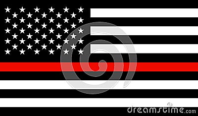 Thin Red Line. Black Flag of USA with Firefighter red Line waving in the wind on flagpole against the sky with clouds on sunny day Stock Photo