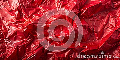 Thin sheet of red colour cellophane with shiny crumpled surface texture Abstract background Light Shadow concept Generative AI Stock Photo