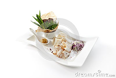 Thin slices of raw salted pork lard with spices Stock Photo