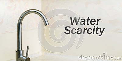 thin stream of water flows of the faucet with water scarcity text Stock Photo