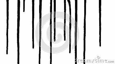 Thin trickles of spilled paint trickle down the white background. Isolated black ink drips onto white paper and forms Stock Photo