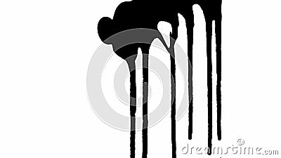 Thin trickles of spilled paint trickle down the white background. Isolated black ink drips onto white paper and forms Stock Photo