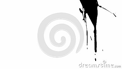 Thin trickles of spilled paint trickle down the white background. Isolated black ink drips onto white paper and forms Stock Photo