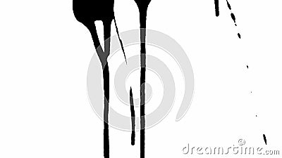 Thin trickles of spilled paint trickle down the white background. Isolated black ink drips onto white paper and forms Stock Photo