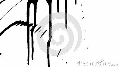 Thin trickles of spilled paint trickle down the white background. Isolated black ink drips onto white paper and forms Stock Photo