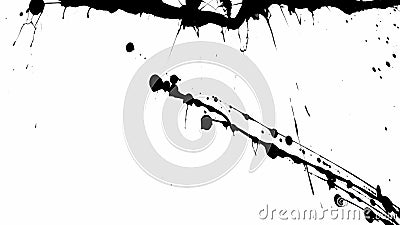 Thin trickles of spilled paint trickle down the white background. Isolated black ink drips onto white paper and forms Stock Photo