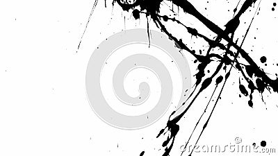 Thin trickles of spilled paint trickle down the white background. Isolated black ink drips onto white paper and forms Stock Photo