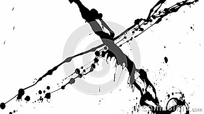 Thin trickles of spilled paint trickle down the white background. Isolated black ink drips onto white paper and forms Stock Photo