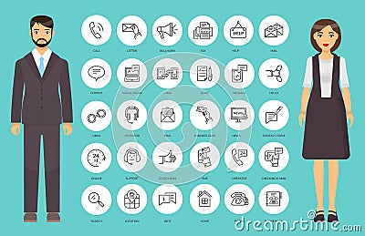 Web icons in simple outline style, symbols for website or app, businesspeople with set of web signs Vector Illustration