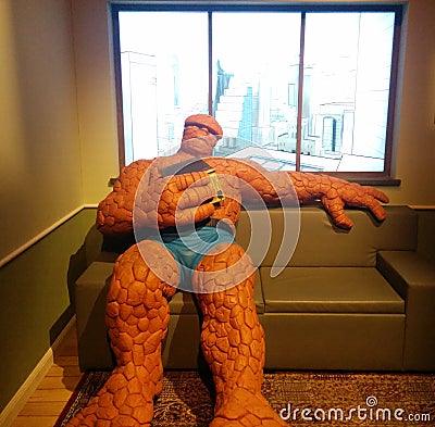 The Thing sitting on couch in Marvel exhibit at MoPOP in Seattle Editorial Stock Photo