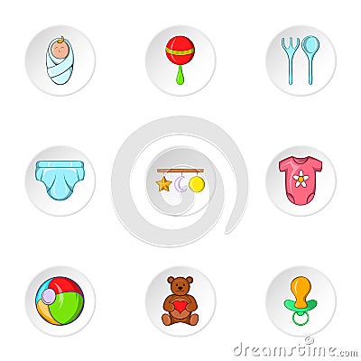 Things for baby icons set, cartoon style Vector Illustration