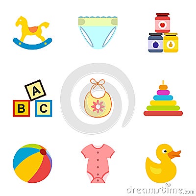Things for baby icons set, flat style Vector Illustration