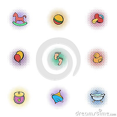 Things for baby icons set, pop-art style Vector Illustration