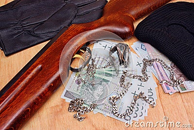 Things bandit and stolen loot by thieves Stock Photo