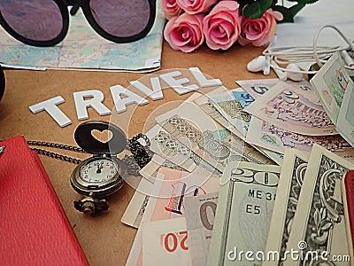 Things to pack for your next travel destination your passport, camera, electronic gadget, currency, sunglasses, note book and trav Stock Photo