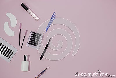 Things for the work of lash-makers, artificial eyelashes, microbrachis, glue, tweezers, combs, brushes. Eyelash extension, Stock Photo
