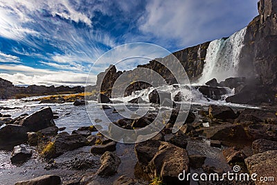 Thingvellir waterfall. Autumn landscape Stock Photo