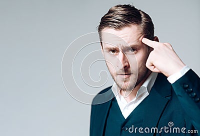 Think ahead of time. Thoughtful person. Man calm serious looking concentrated while touching head trying remember. Guy Stock Photo