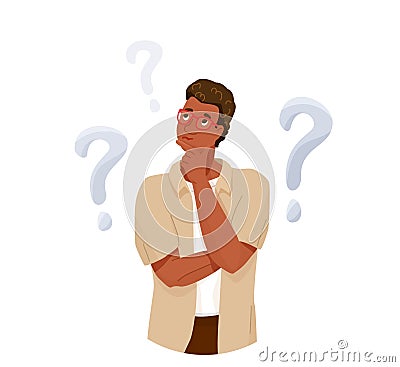 Think concept vector background. African american thoughtful man looking up thinking about solve problem. Question sign Vector Illustration