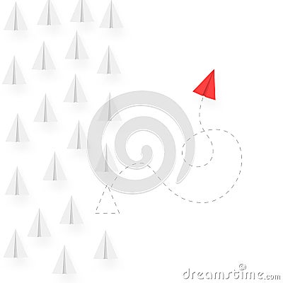 Think different business concept illustration. Red airplane changing direction and move different way. Vector Vector Illustration