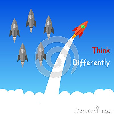 Think different concept with flying rocket in the space. Choosing another path â€“ stock vector Stock Photo