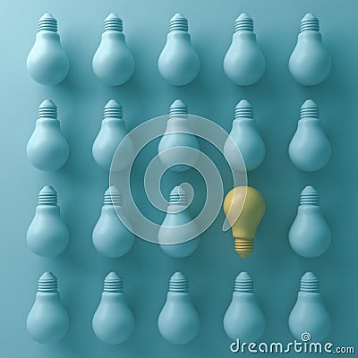 Think different concept , One yellow light bulb stand out from unlit green incandescent lightbulbs with shade and shadow Stock Photo