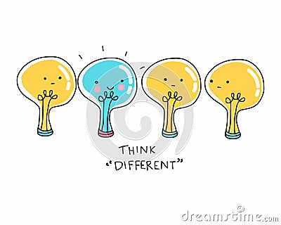 Think different lightbulb cartoon doodle vector illustration Vector Illustration