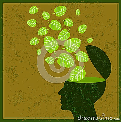 Think green save earth leaves and human brain Vector Illustration