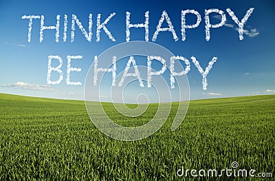 Think happy, be happy written in clouds Stock Photo