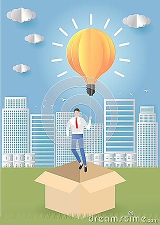 Think outside the box business concept. businessman having unieque creative idea for solution. Businessman flying with light bulb. Vector Illustration