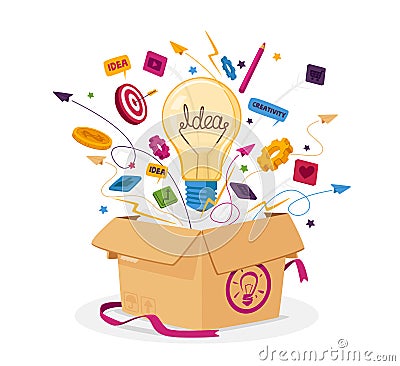 Think Outside Box Business Concept. Open Carton Package with Light Bulb, Stationery Icons and Office Supplies Flying Out Stock Photo