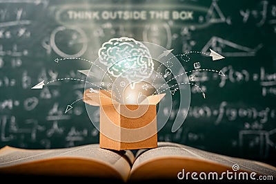 Think outside the box on school green blackboard . startup education concept. creative idea. leadership Stock Photo