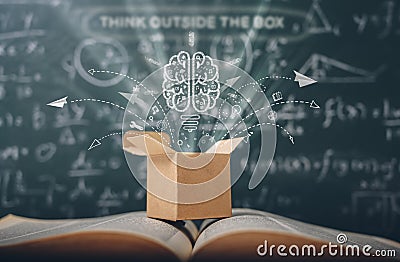 Think outside the box on school green blackboard . startup education concept. creative idea. leadership Stock Photo