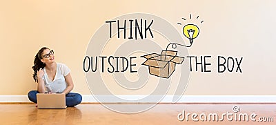 Think Outside The Box text with young woman using a laptop computer Stock Photo