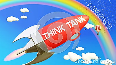 Think tank lead to achieving success in business and life. Cartoon rocket labeled with text Think tank, flying high in the blue Stock Photo