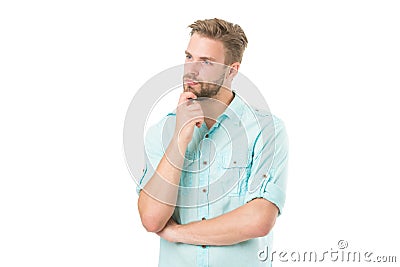 Think to solve. Guy thoughtful touches his chin. Thoughtful mood concept. Man with beard thinking. Think about solution Stock Photo