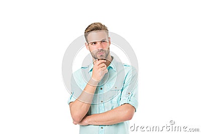 Think to solve. Man with bristle serious face thinking white background. Guy thoughtful touches his chin. Thoughtful Stock Photo