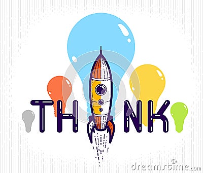 Think word with pencil instead of letter I, ideas and brainstorm concept, vector conceptual creative logo or poster made with Vector Illustration