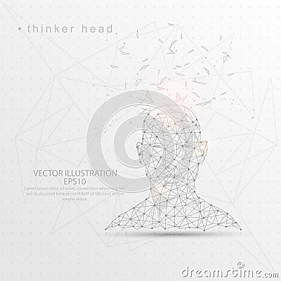 Thinker head front view shape digitally drawn low poly wire frame. Vector Illustration