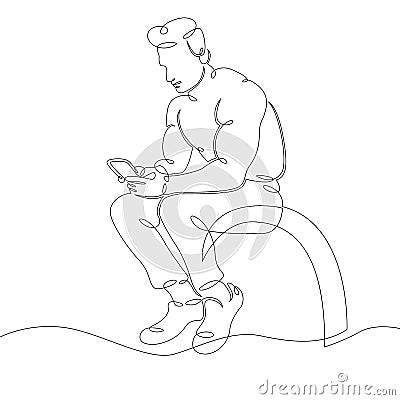 Thinker sitting on a stone. Young man meditates with a phone Vector Illustration