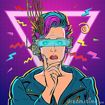 Thinker vr glasses woman gamer virtual reality online. 80s girl Vector Illustration