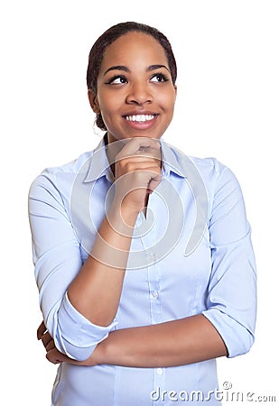 Thinking african woman in a blue shirt Stock Photo