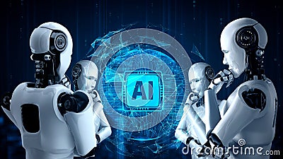 Thinking AI hominoid robot analyzing hologram screen showing concept of AI Stock Photo