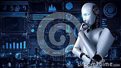 Thinking AI hominoid robot analyzing hologram screen showing concept big data Stock Photo
