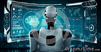 Thinking AI hominoid robot analyzing hologram screen showing concept of AI Stock Photo